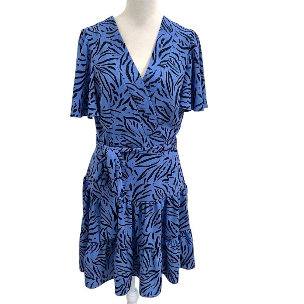 Eliza J Animal Print Zebra Stripe Ruffle Sleeve Dress Periwinkle Blue size 4